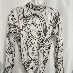 Boohoo Mesh High Neck Face Print Long Sleeve Bodysuit